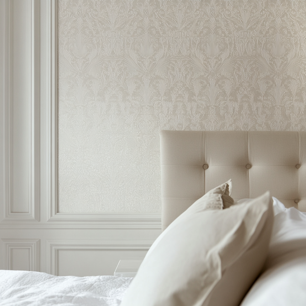 Close-up of white bedroom wall with wallpaper display area.