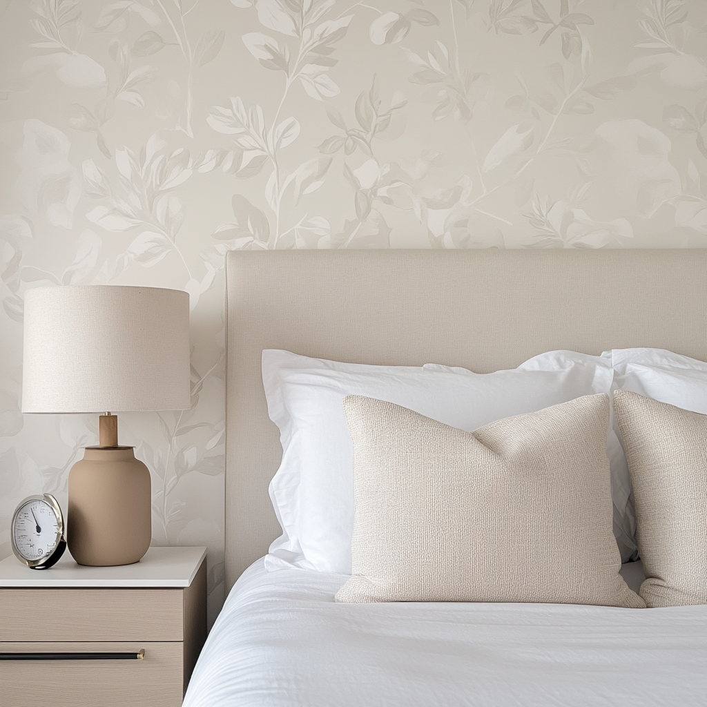 Close-up of white bedroom wall with wallpaper focus.