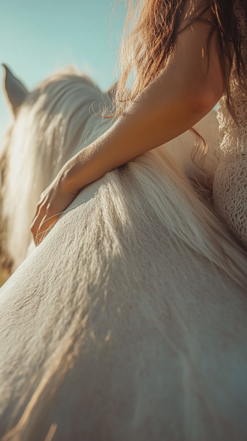 Close up of woman's hands holding white horse.