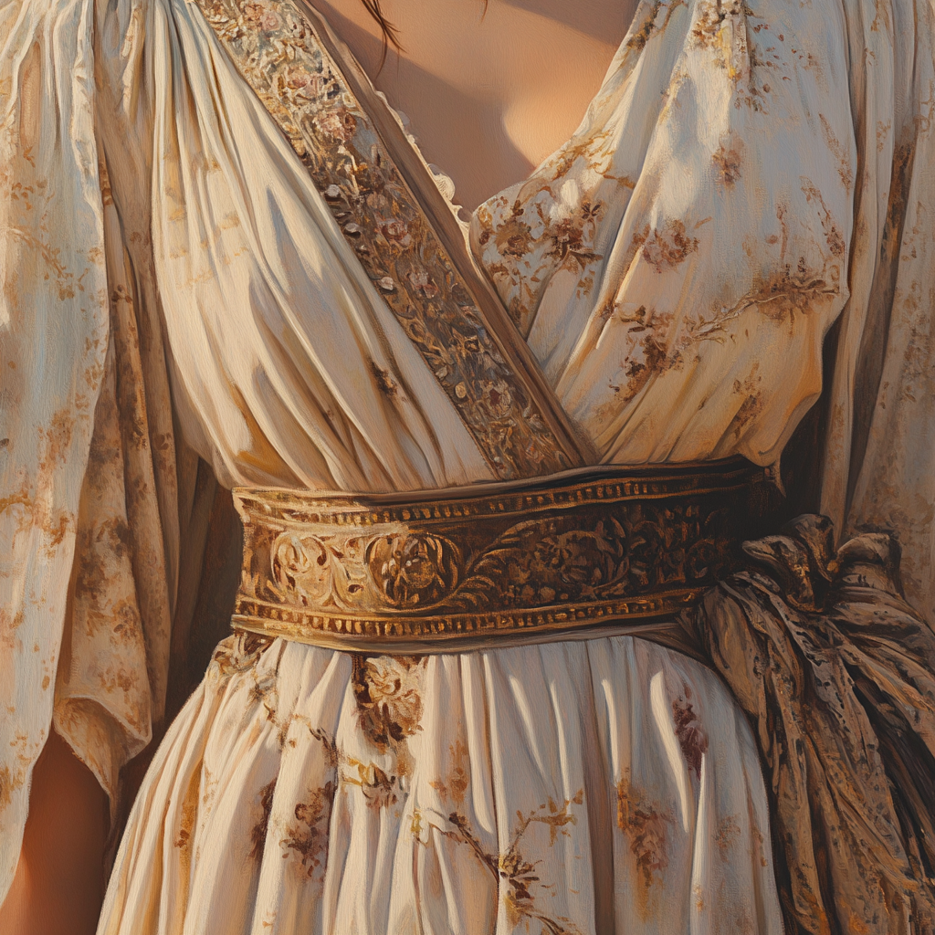 Close up of woman in detailed flowy dress.