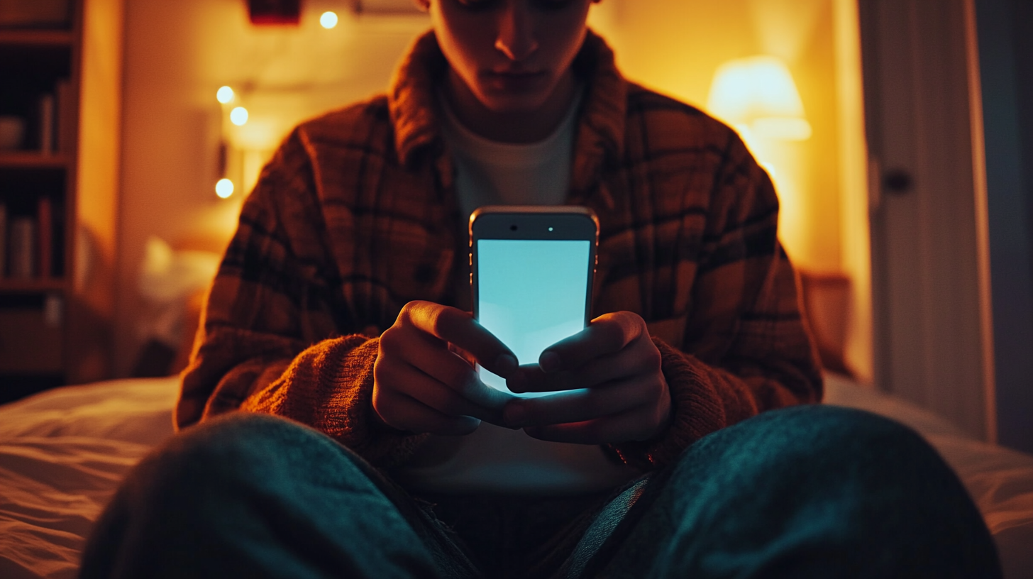 Close-up of young man's hands on cinematic phone screen.