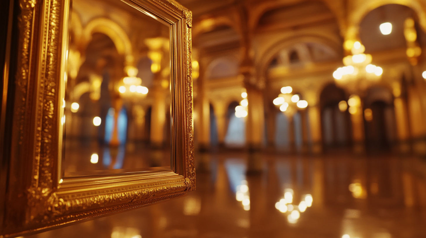 Close-up on floating mirror in golden palace at night.