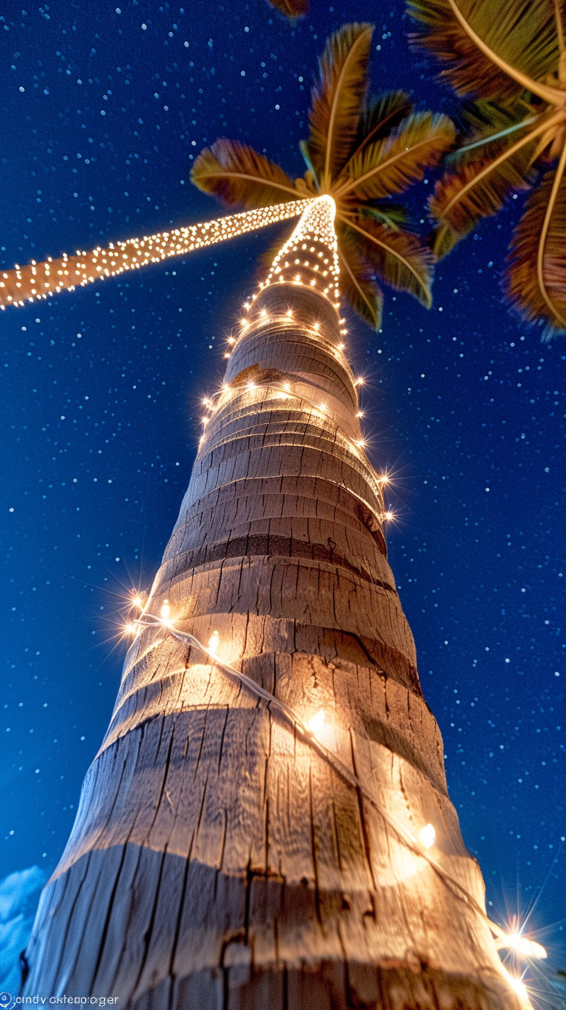 Close-up palm tree trunks with fairy lights, stars.