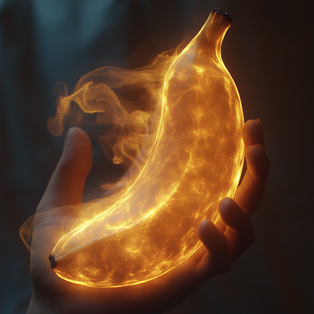 Close-up peeled banana in hand with glowing aura.