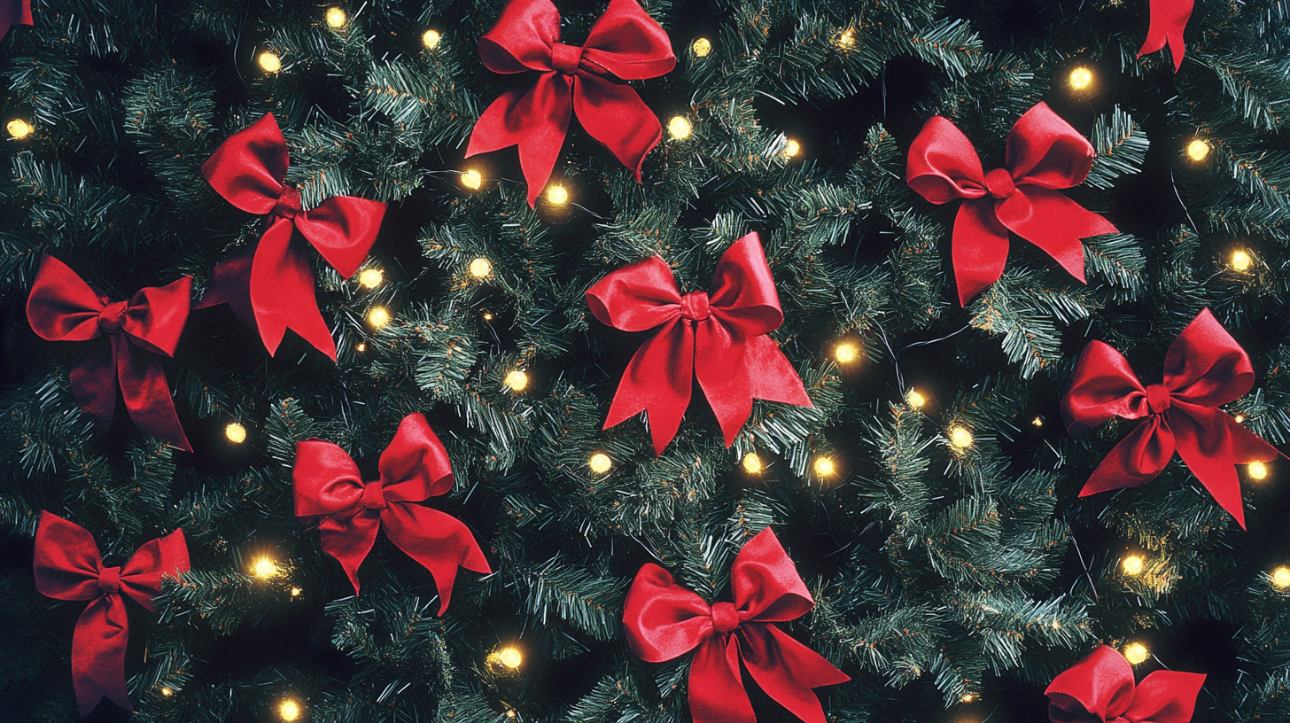 Close-up photo of 80s Christmas tree with lights.