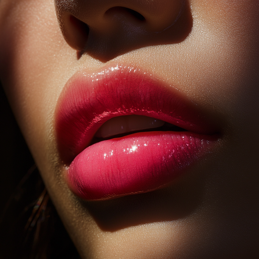 Close-up photo of Asian woman's pink lips, highly detailed.