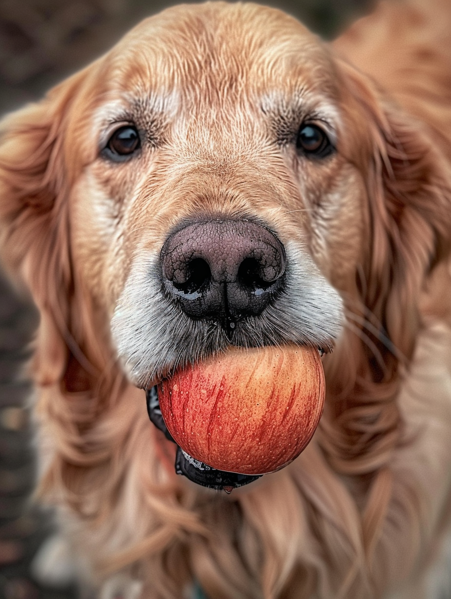 Close-up photo of golden retriever with apple.