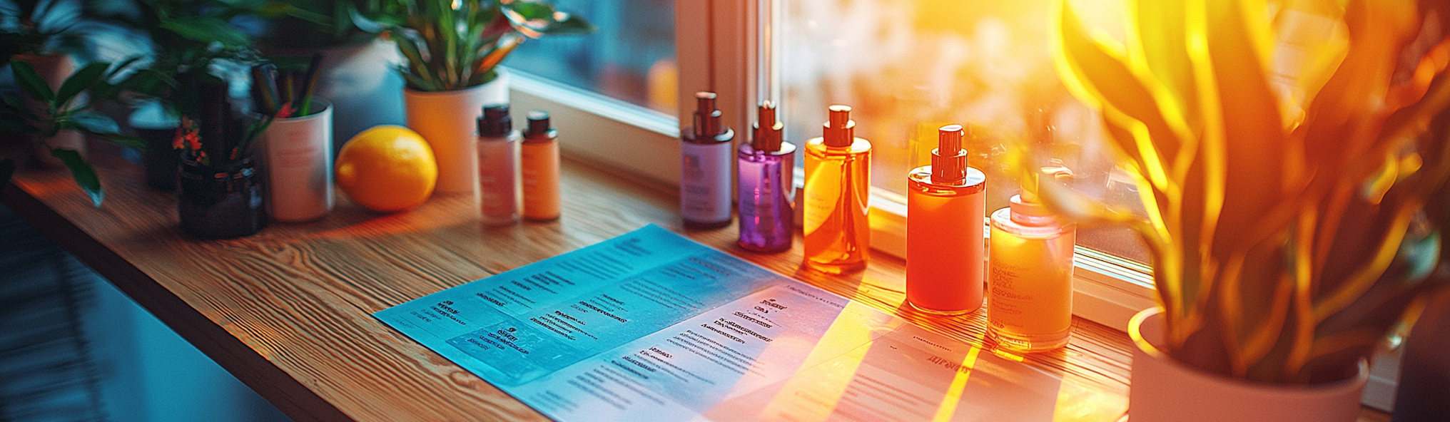 Close-up photo of messy table with boutique products.