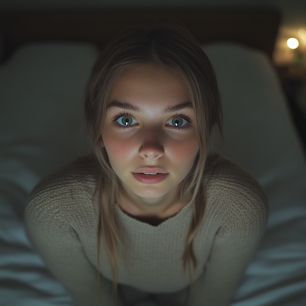 Close up photo of normal girl in French bedroom.