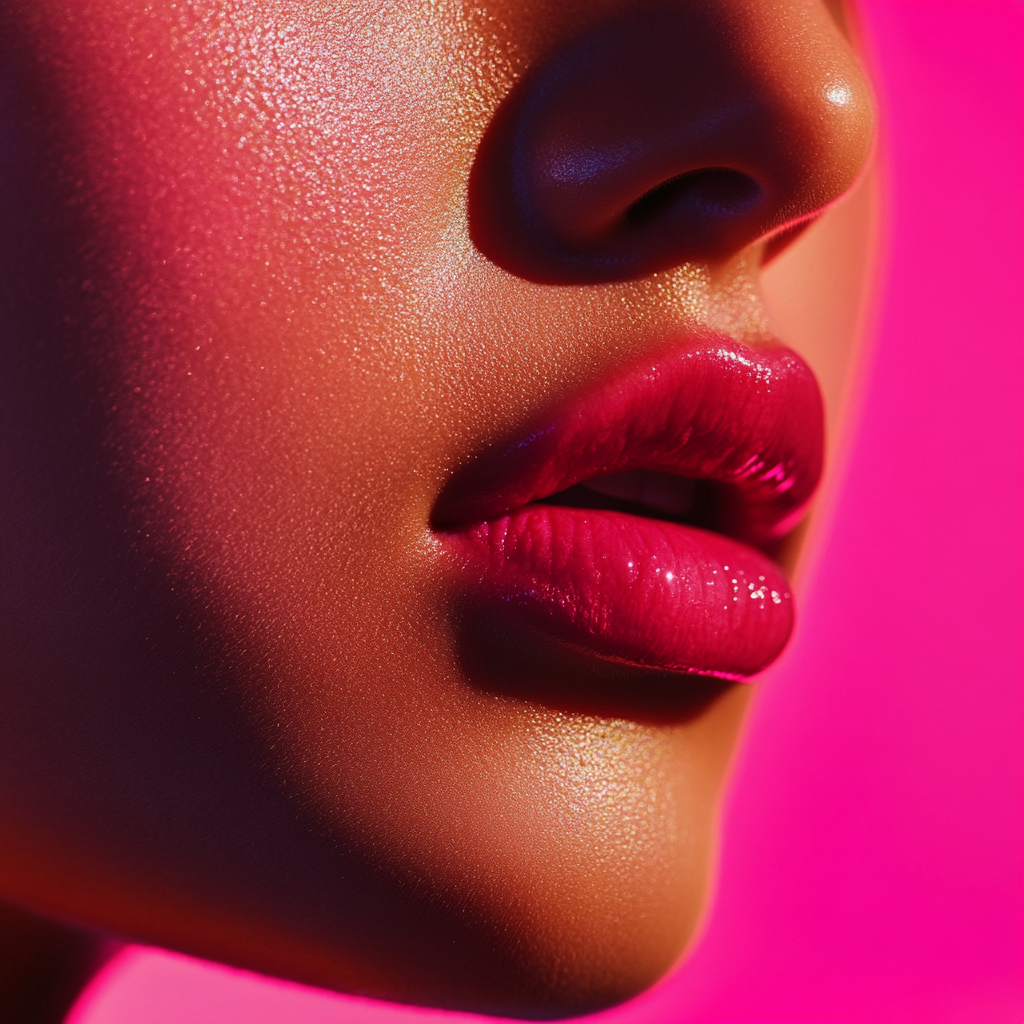 Close-up photo of woman's pink glossy lips. Intricate detail, high-definition.