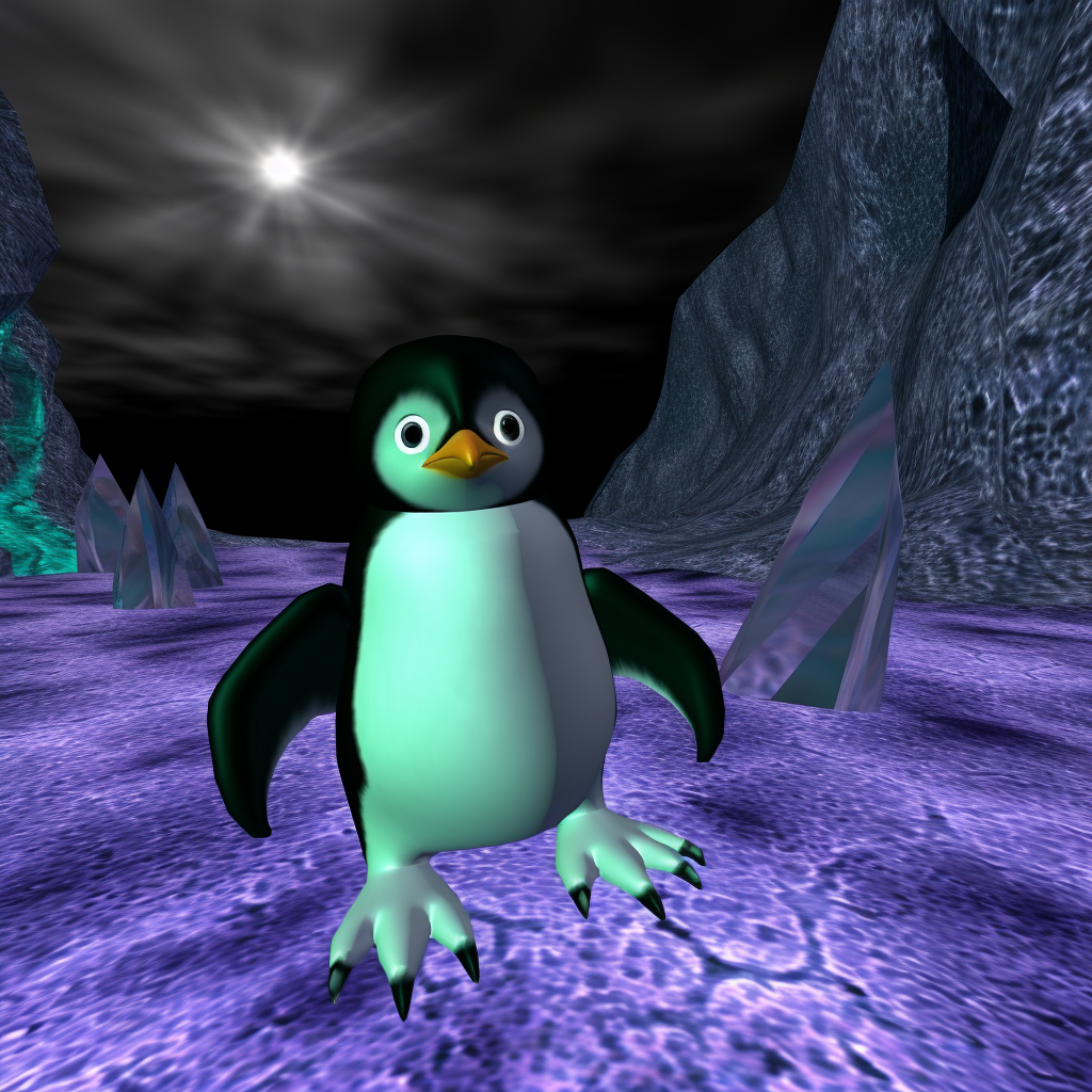 Close-up pixelated glitchart of cute penguin. PS1, GameCube.