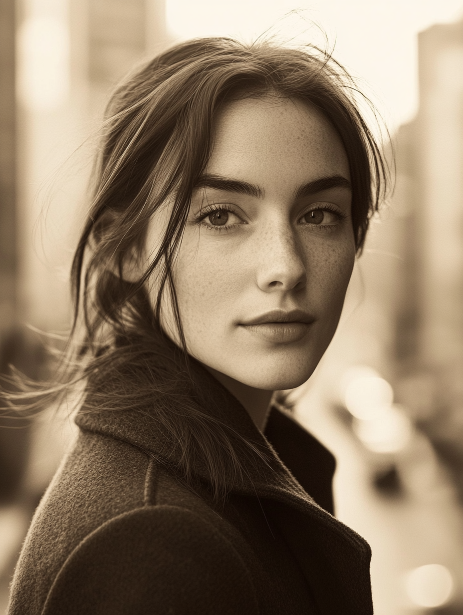 Close-up portrait of 28-year-old woman in sepia tones 