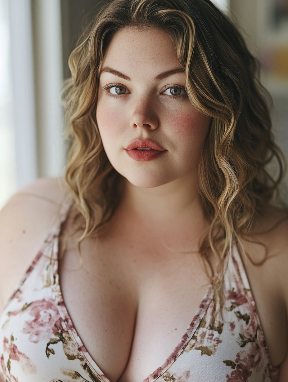 Close-up portrait of 28-year-old woman indoors gazes calmly