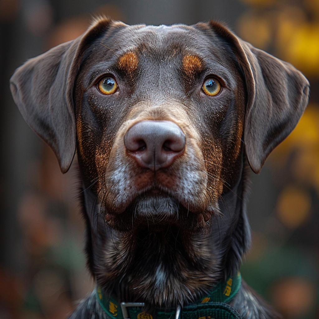 Close-up portrait of German Shorthaired Pointer wearing a green collar.