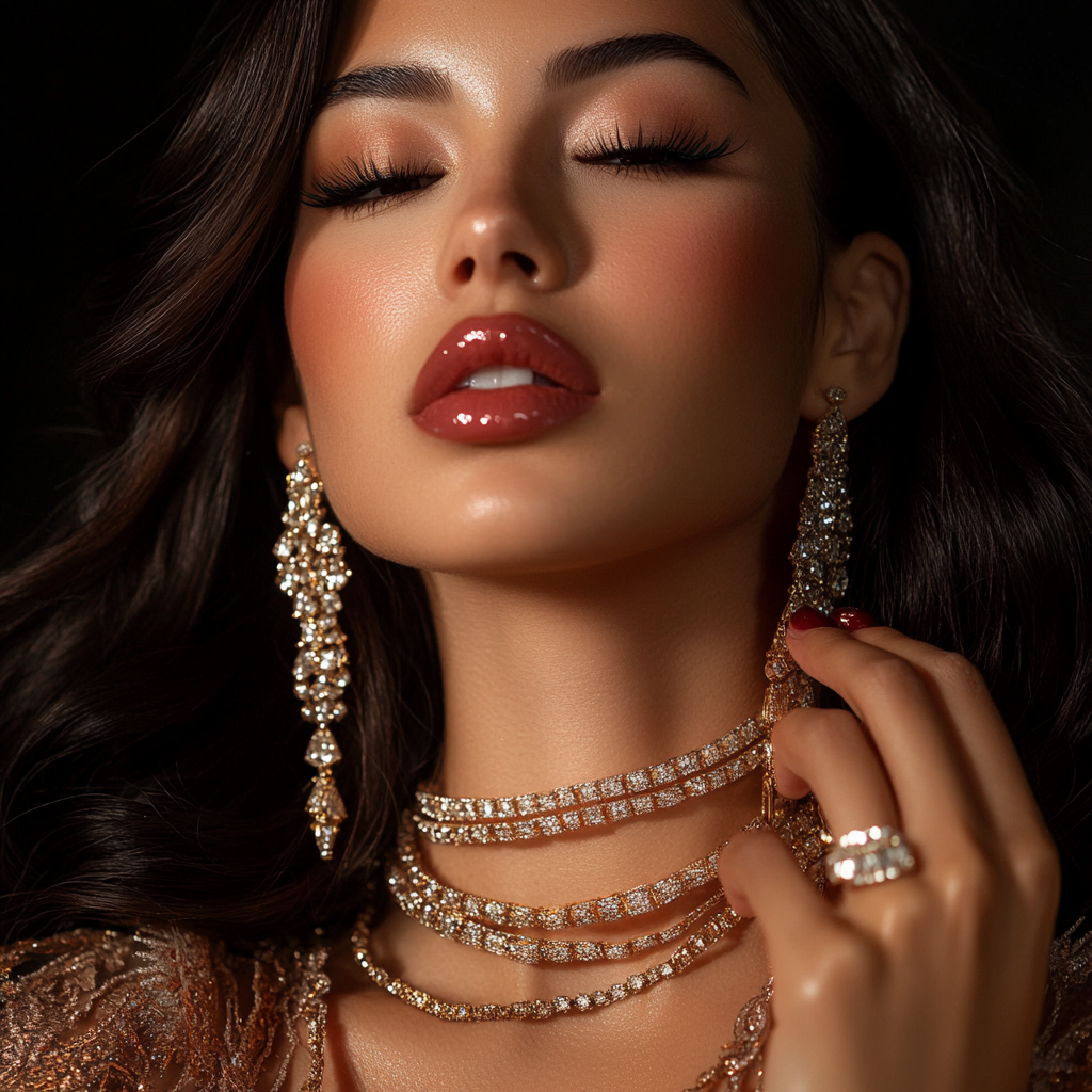 Close-up portrait of elegant Latina in luxurious setting.