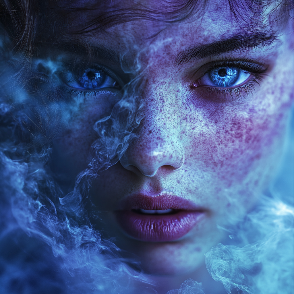 Close-up portrait with captivating blue eyes reflecting emotion.