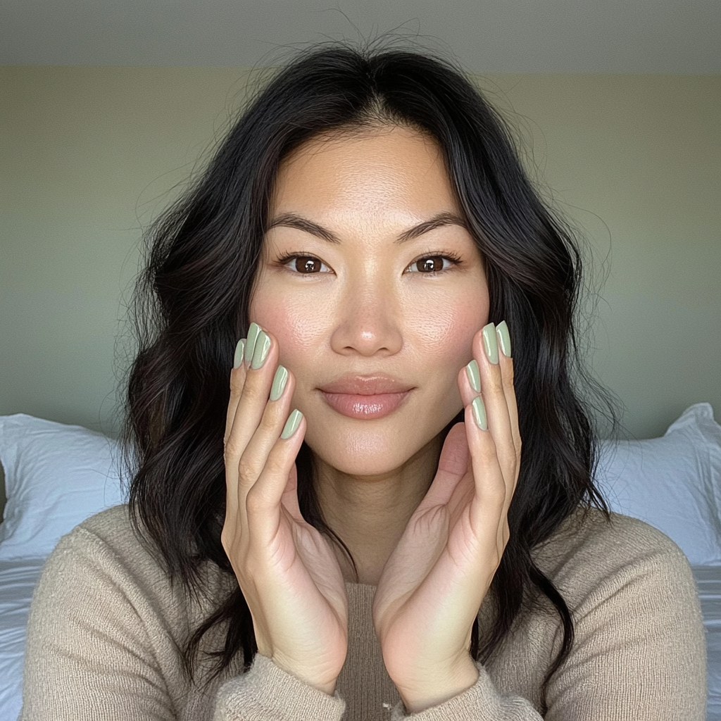 Close-up selfie of Asian woman showing new nails.