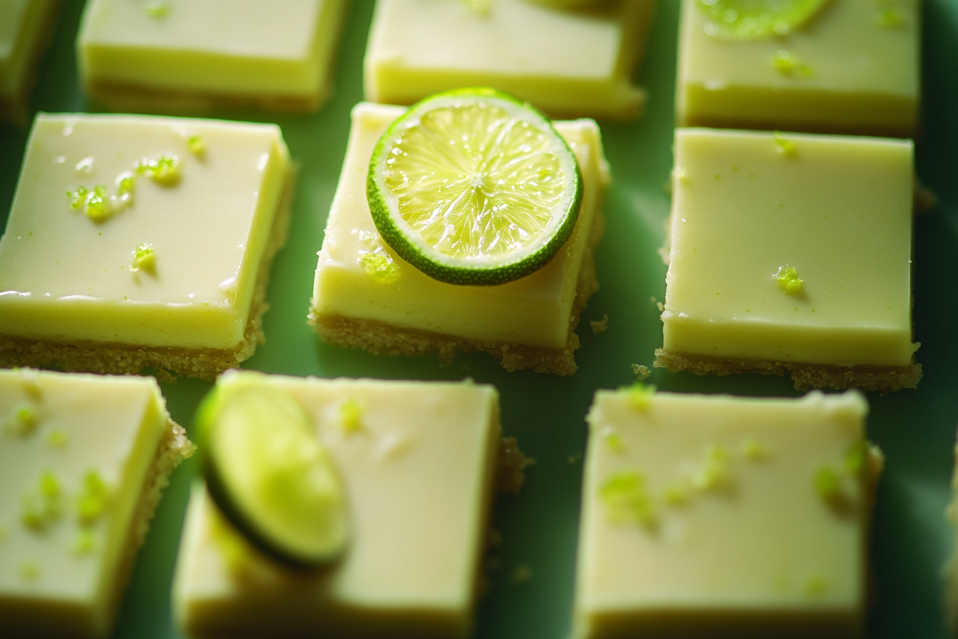 Close-up shot of Tempting Key Lime Bars. Luxurious, elegant, mouth-watering gourmet food photography.