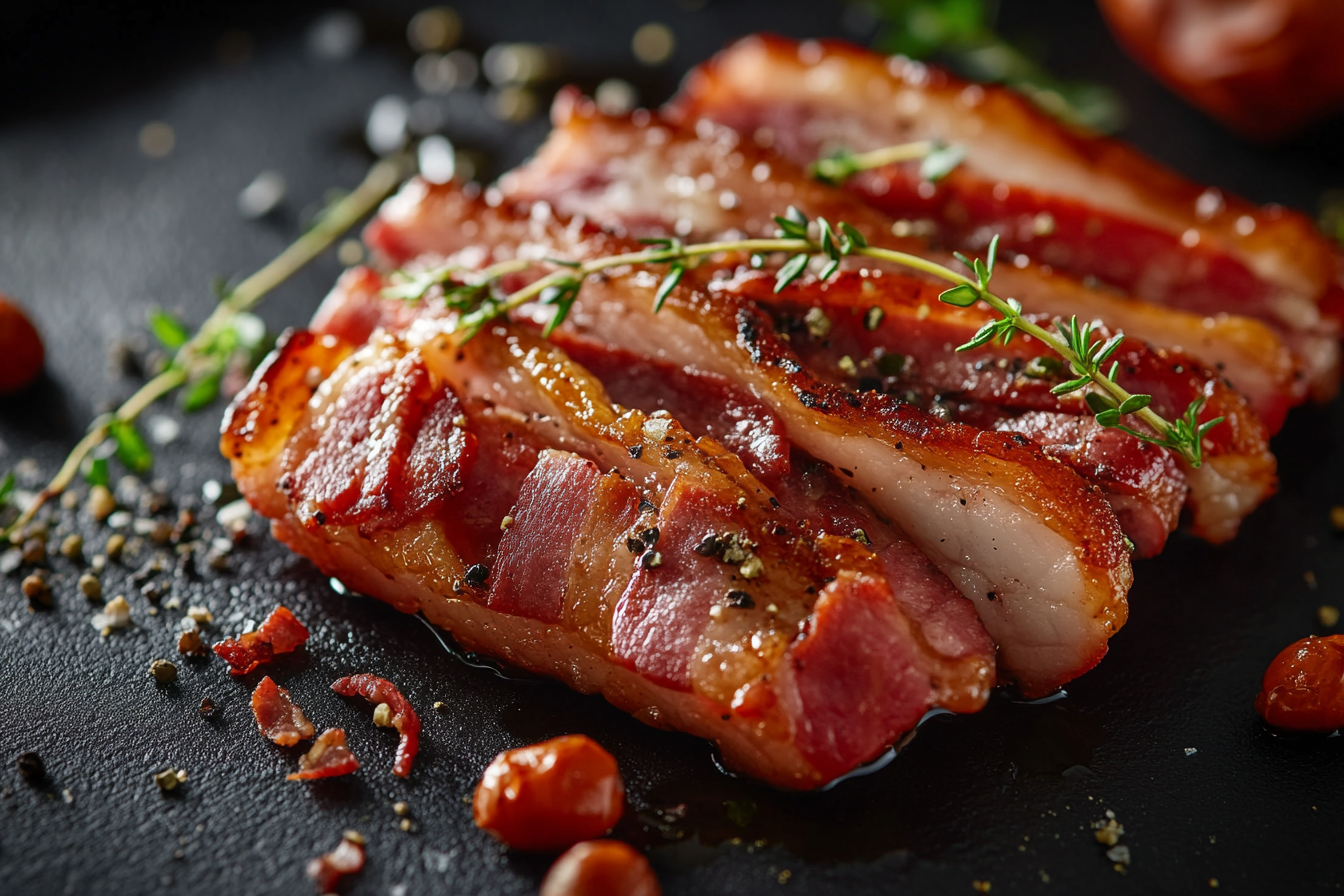 Close-up shot of bacon, tempting, luxurious, elegant.