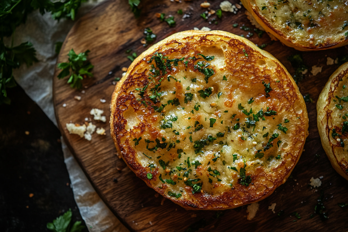 Close-up shot of garlic bread looking tempting. Luxurious composition.