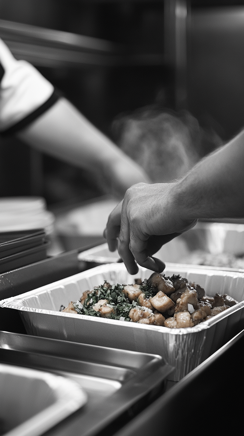 Close-up shot of garnishing chicken curry in kitchen.