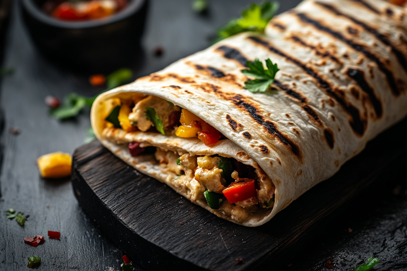 Close-up shot of luxurious tortilla wrap, tempting view.