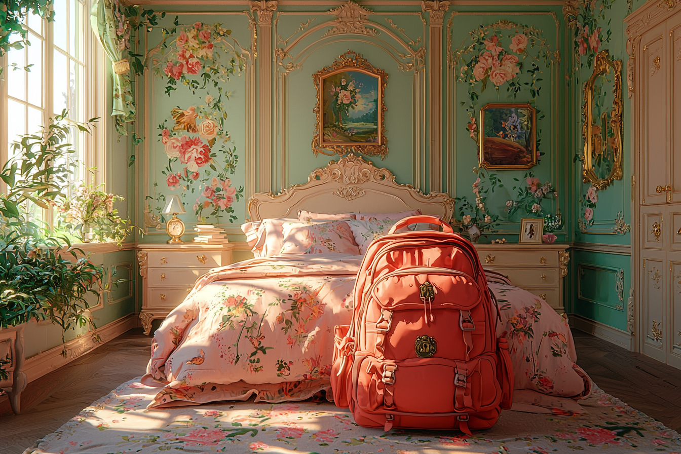 Close up shot of red backpack in princess bedroom.