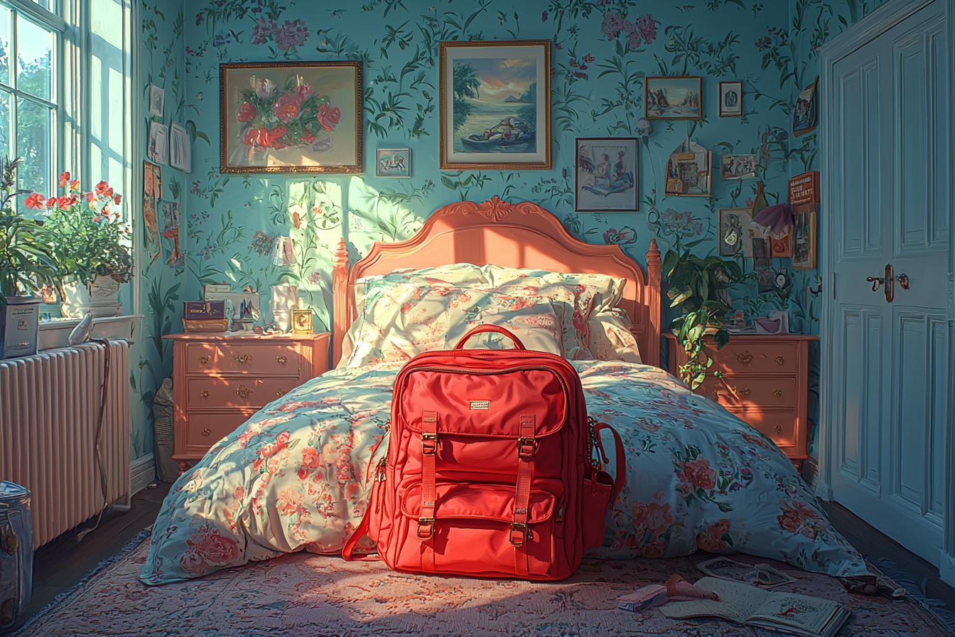 Close-up shot of red backpack on clean bed.