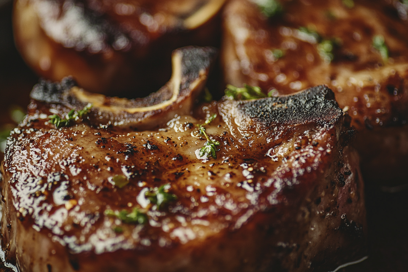 Close-up shot of smothered pork chops, luxurious lighting.