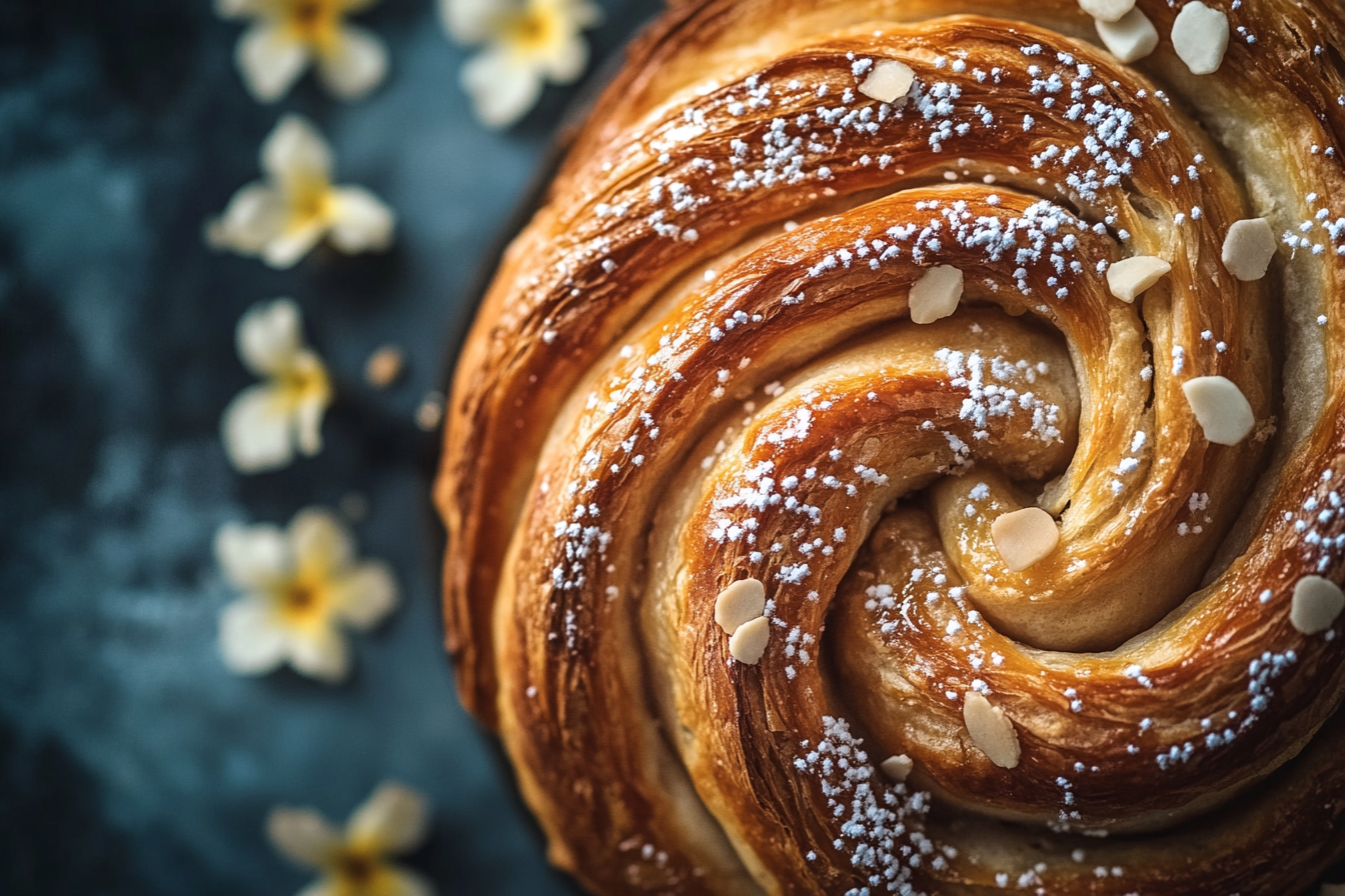 Close-up shot of tempting Caramilk Danish, luxurious lighting.