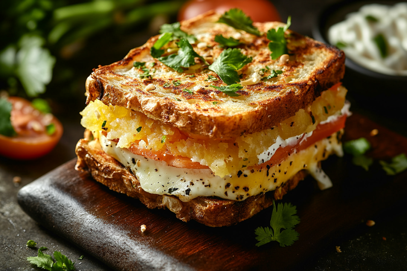 Close-up shot of tempting Hawaiian toastie with luxurious lighting.