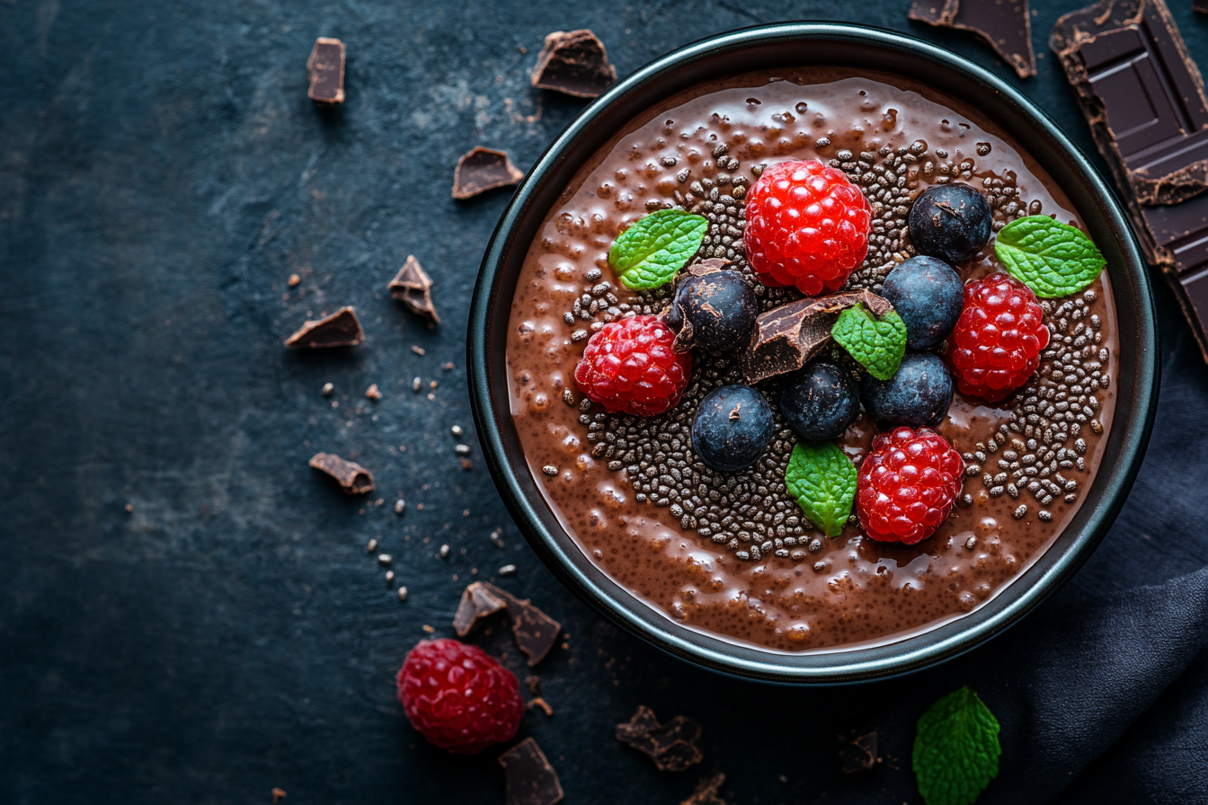 Close-up shot of tempting chocolate chia pudding. Luxurious, mouth-watering.