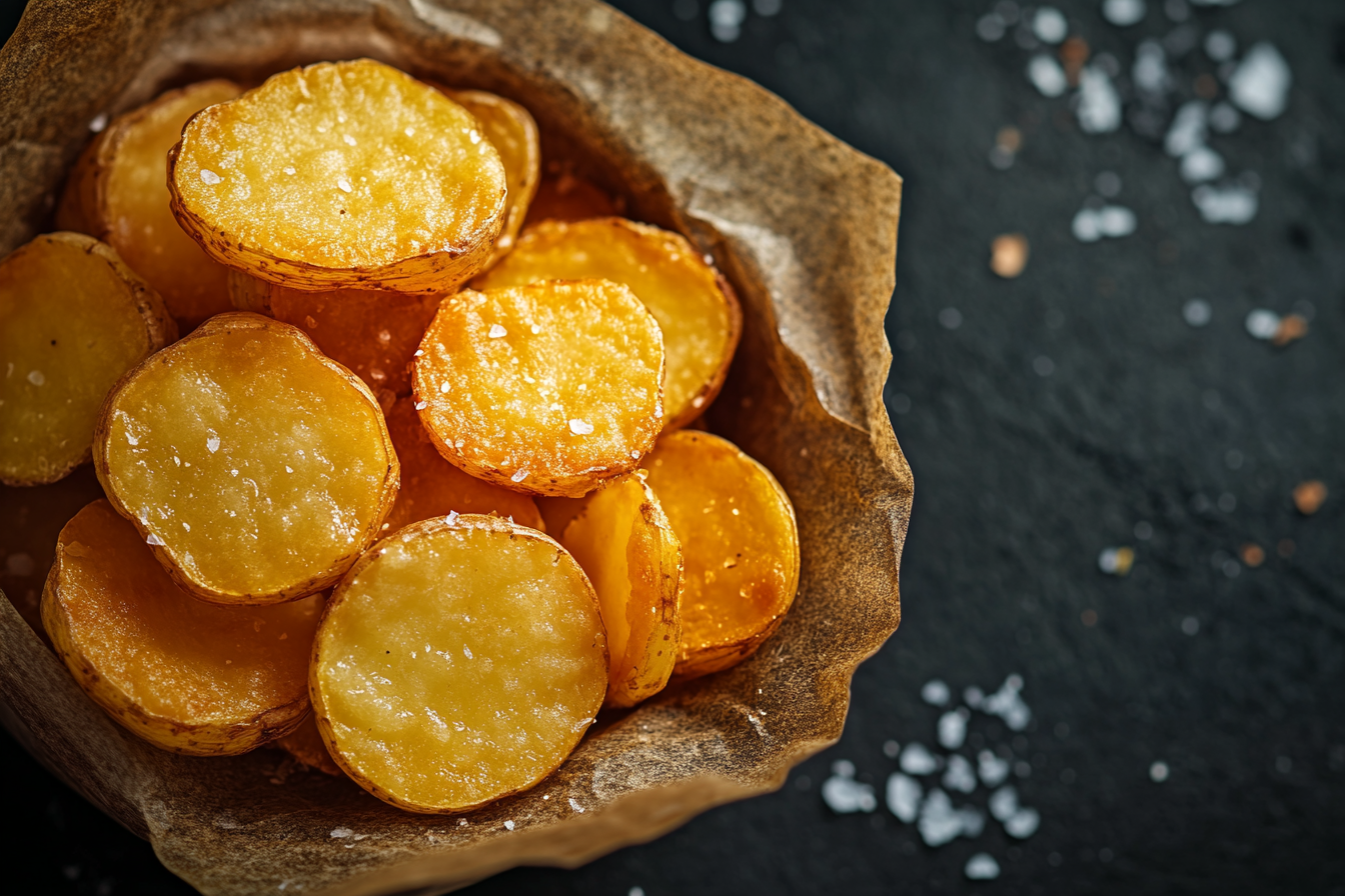 Close-up shot of tempting crispy potatoes, luxurious, elegant.