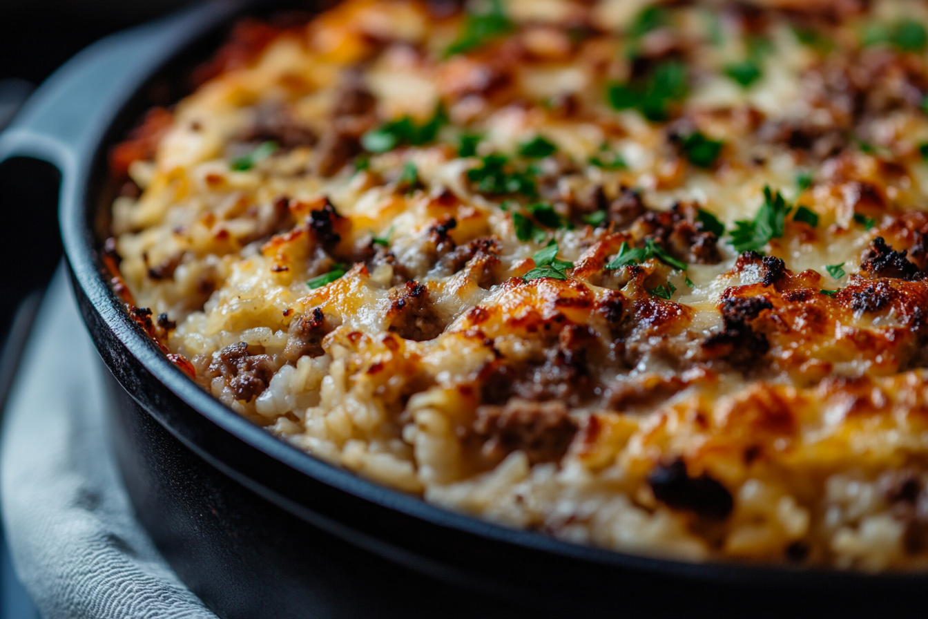 Close-up shot of tempting hamburger rice casserole.