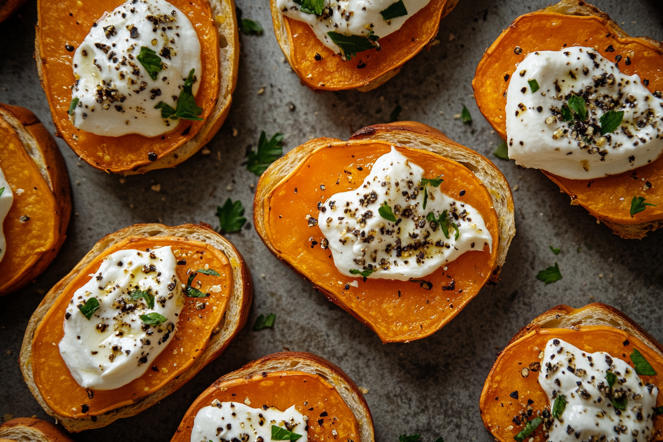 Close-up shot of tempting sweet potato toasts.