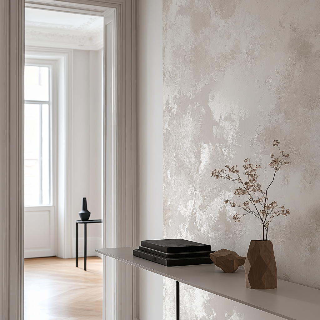 Close-up shot of white hallway wall with wallpaper space.