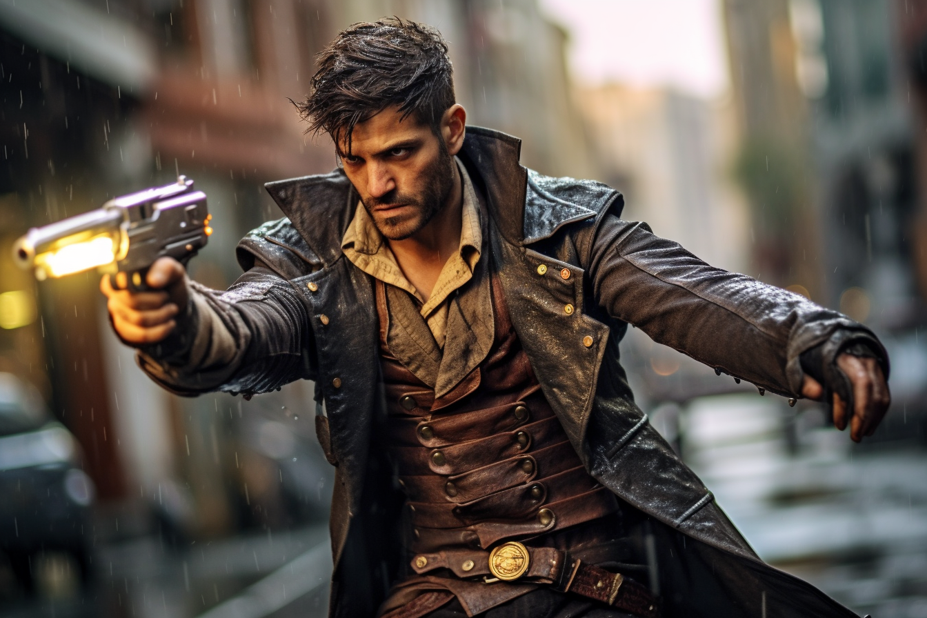 Close-up steampunk gunslinger in fast-paced shootout with sparks.