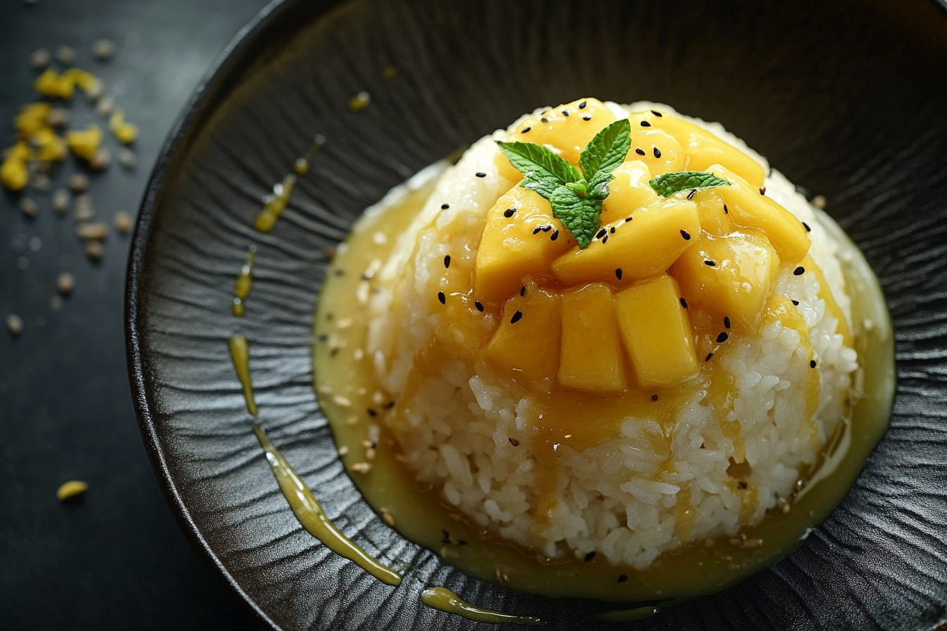 Close-up top view of mouth-watering Mango Sticky Rice.