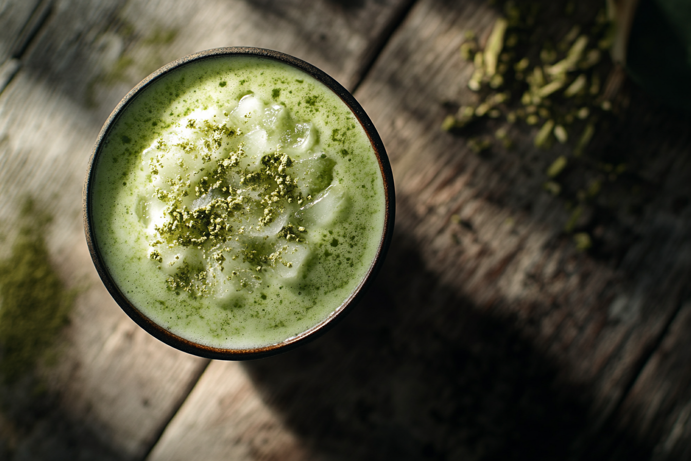 Close-up top view of tempting Matcha Latte cup.