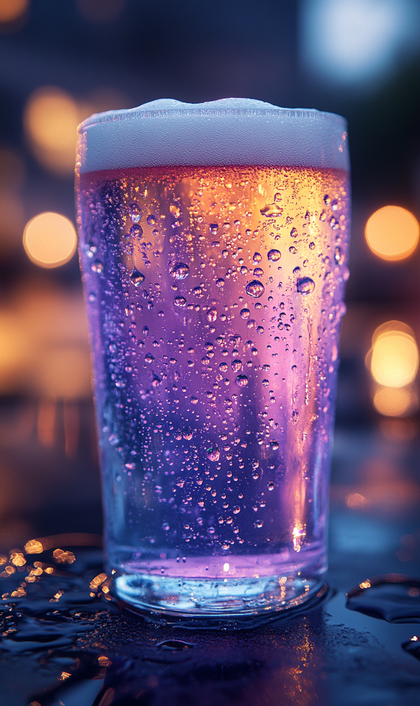 Close-up view of thick pastel beer foam in glass.