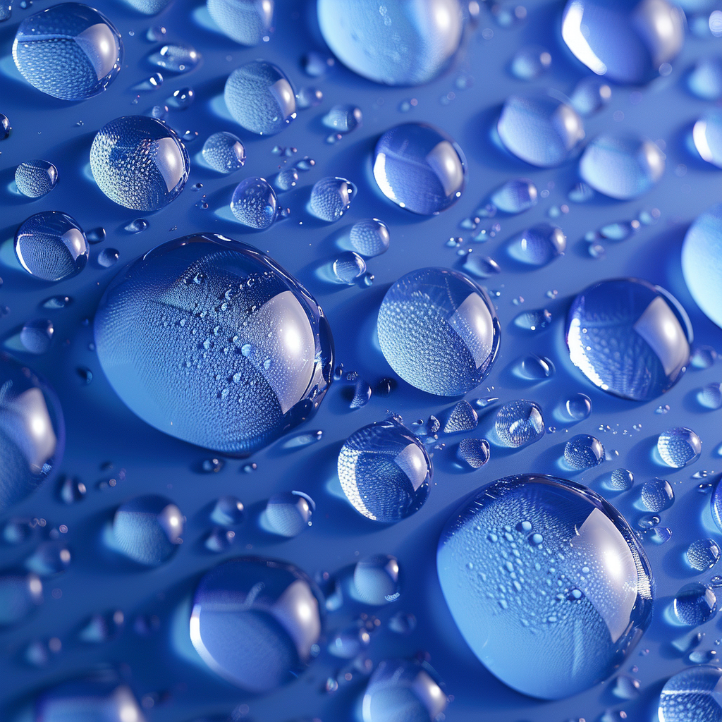 Close-up water droplets on vibrant blue background pattern