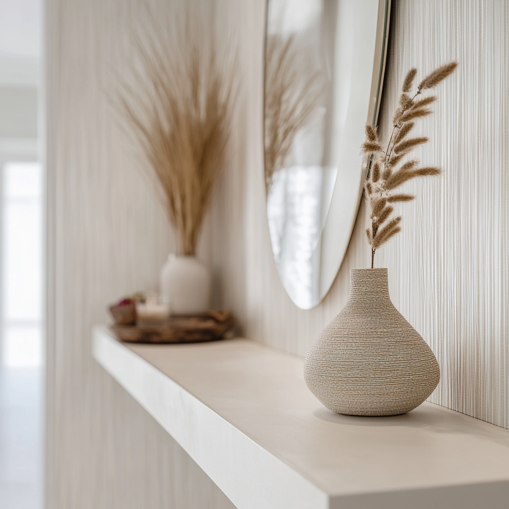 Close-up white entryway wall, wallpaper display, minimalist console, gentle lighting.