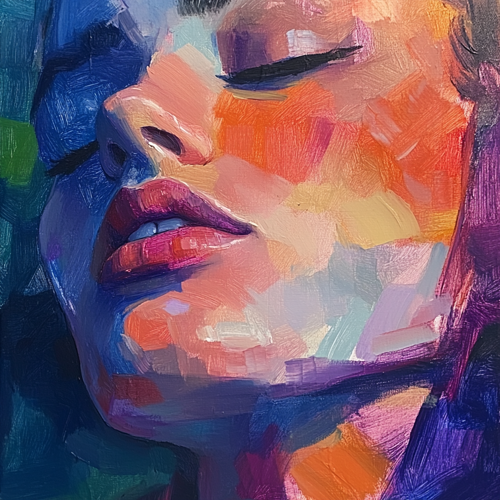 Closed-eyes woman gazes downward in vibrant, abstract painting.