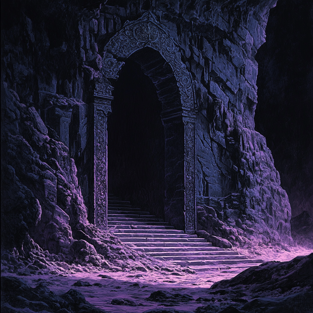 Closed stone door to temple with glowing purple light.