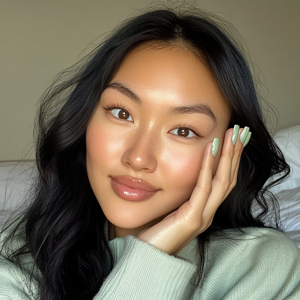 Closeup iPhone selfie of woman in bedroom, smiling.