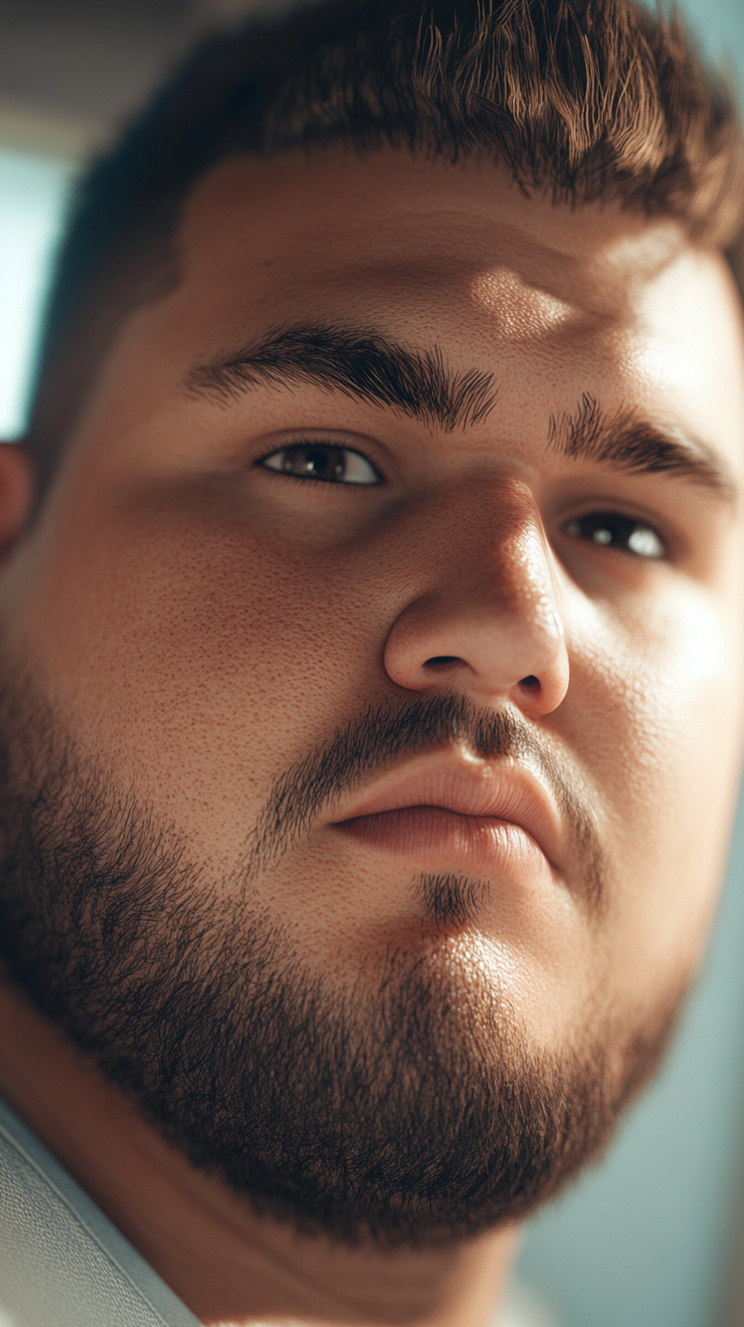 Closeup of chubby American man in bright game style