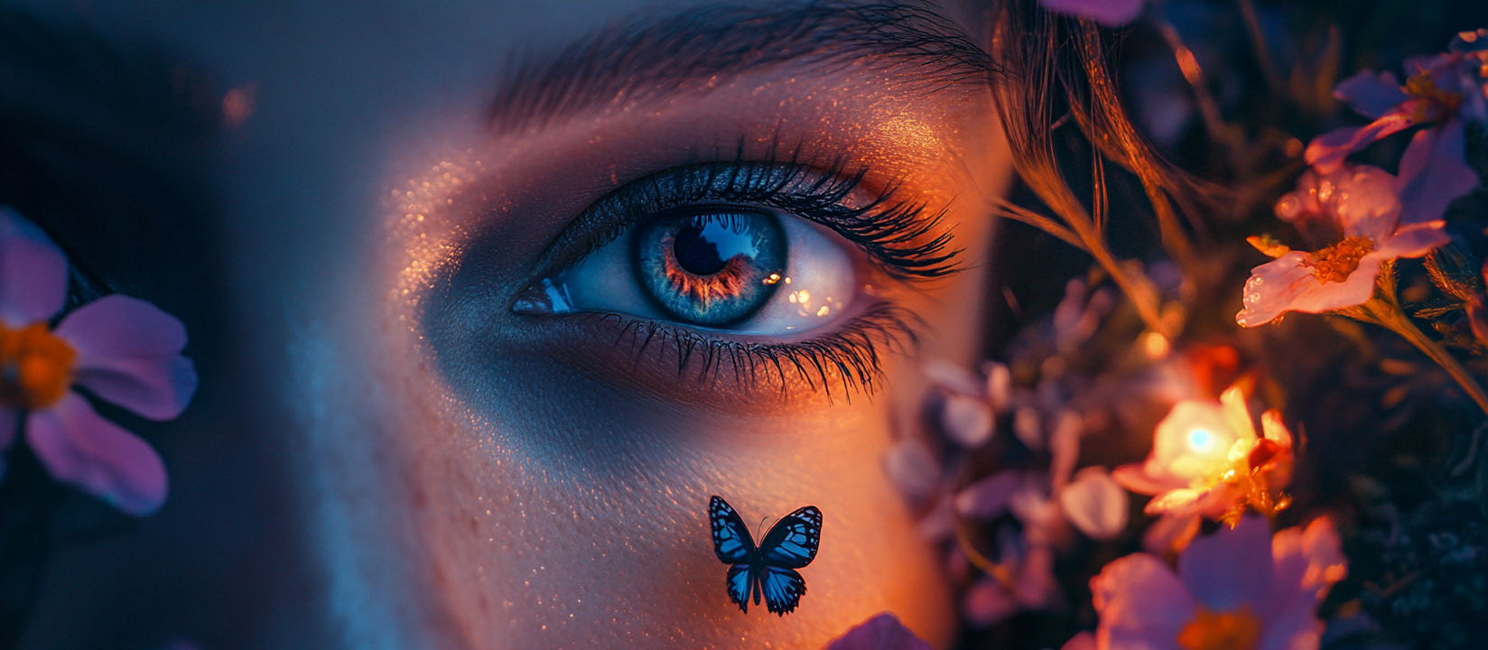 Closeup of woman's black eye with flowers, cinematic night.