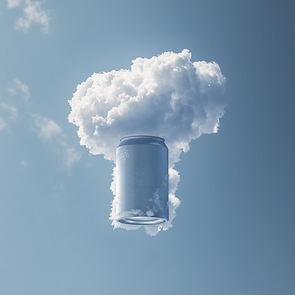 Cloud shaped like soda can in clear sky, surreal.