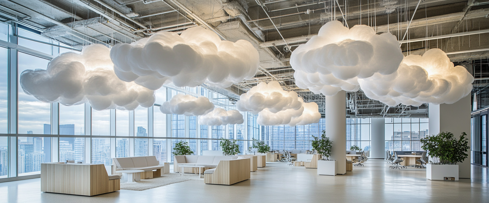 Cloud-themed party in office designed by Steven Holl