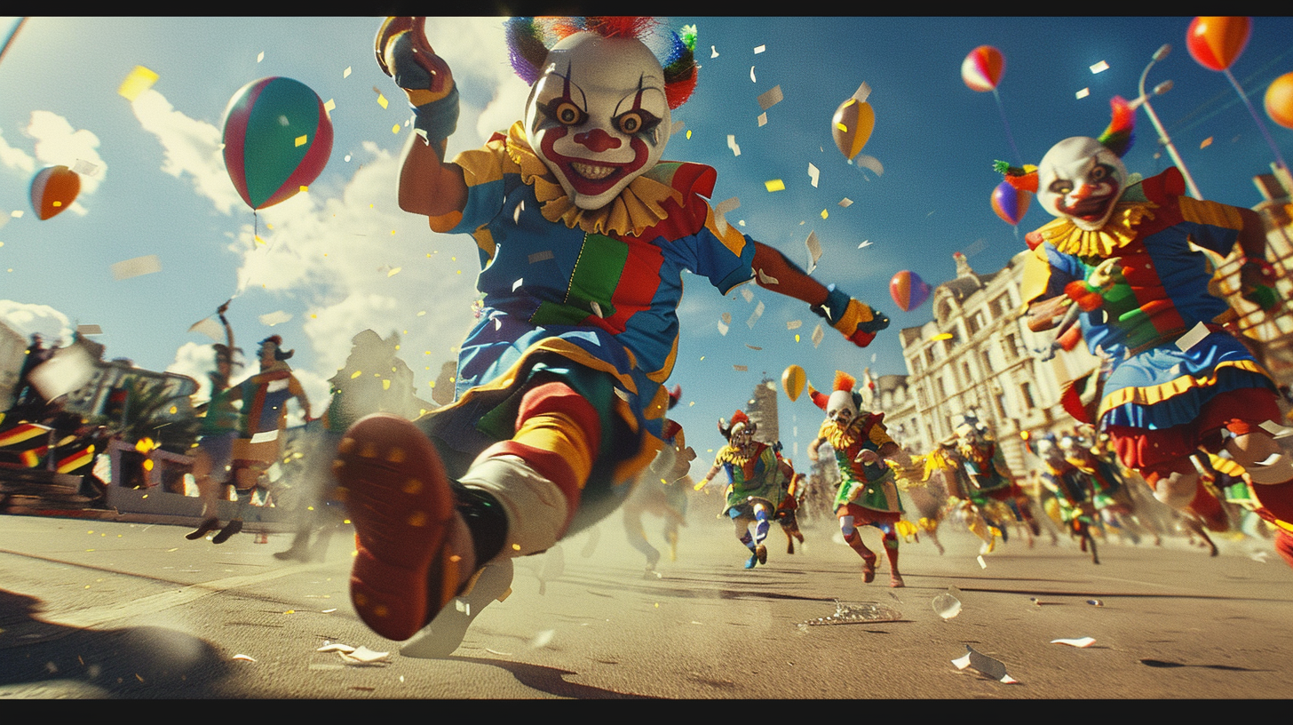 Clowns celebrating in Brazil soccer jerseys, balloons overhead.